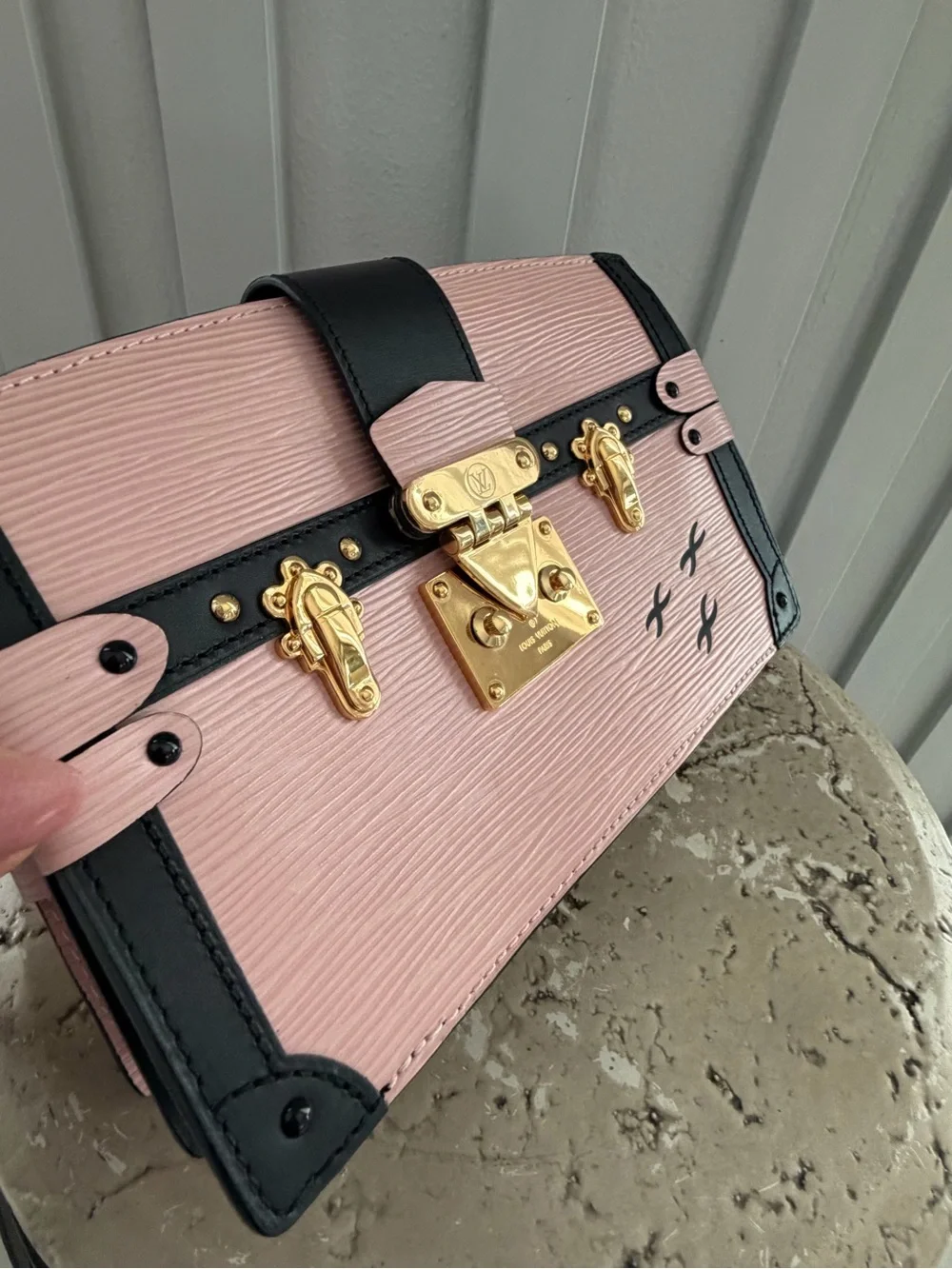 Authentic Louis Vuitton M53191 Petite Malle Clutch/Crossbody Black and Rose Pink